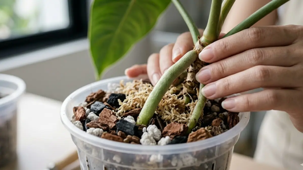 Close-up macro de um sistema radicular de um jovem Philodendron Spiritus Sancti sendo plantado em um substrato extremamente arejado composto por casca de pinus, carvão vegetal, perlita e musgo esfagno.