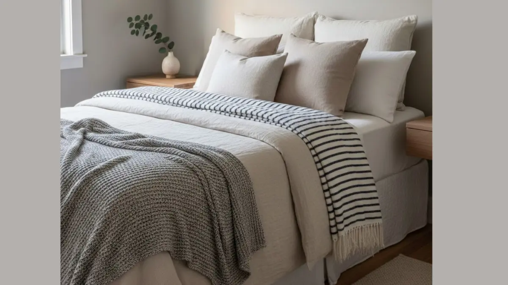 Cama de casal em quarto pequeno decorada com mantas de linho, almofadas bege e uma manta listrada vertical, focando em texturas suaves.