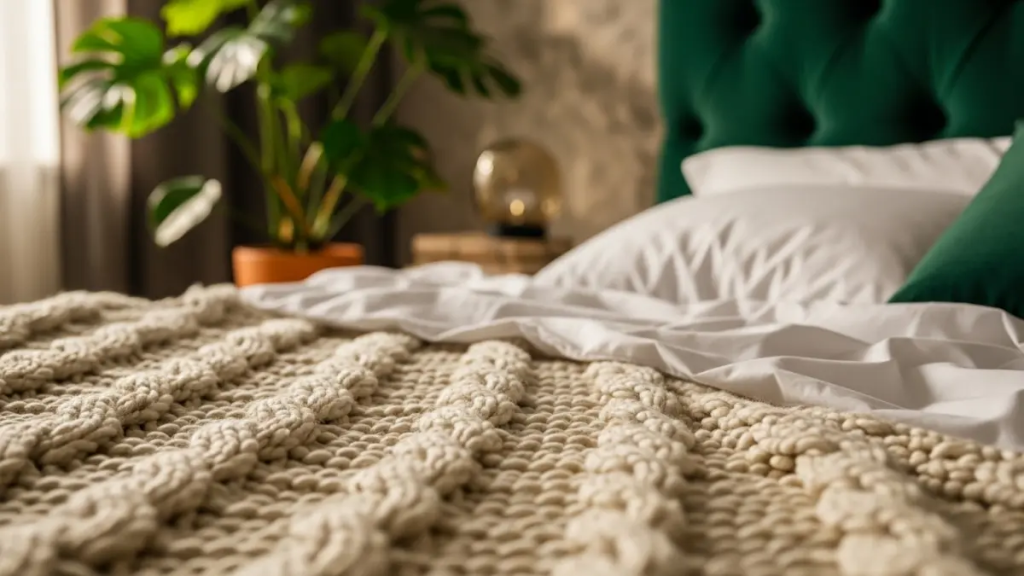 Detalhe de texturas em decoração de quarto de casal com cabeceira de veludo, manta de tricô e lençóis de algodão.