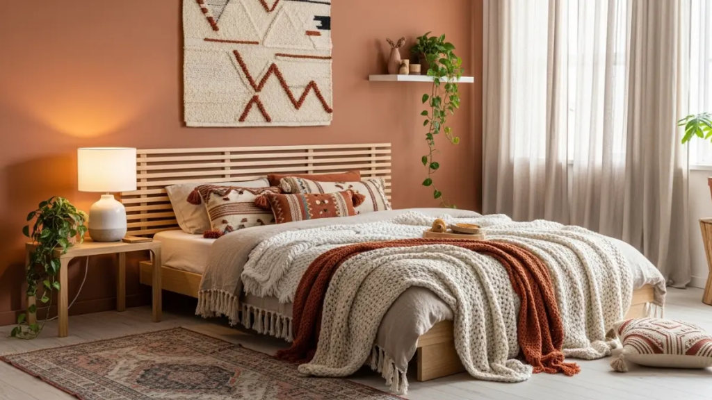 Decoração de quarto de casal com tons terrosos, terracota e elementos em madeira natural.