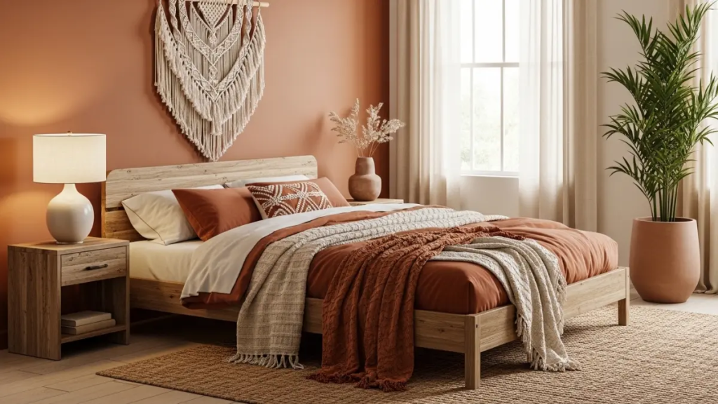 Estilo boho-chic com cores terracota, quarto aconchegante.