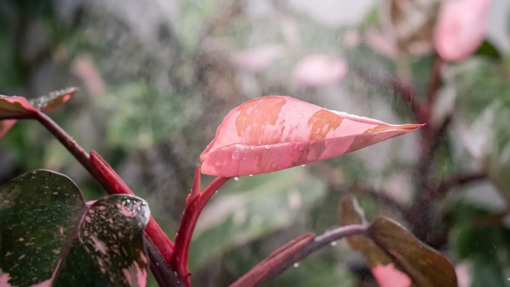 Folha nova de Philodendron Pink Princess desdobrando-se sob névoa de umidade para evitar que a folha fique presa.