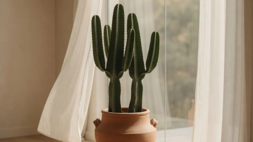 Vaso deEuphorbia Ingen proximo a uma janela grande com cortinas de vool, destaque para esta planta escultural realçando a estética do ambiente.