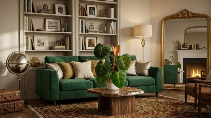 Sala luxuosa com destaque do Philodendron 'El Choco Red numa mesa de madeira.