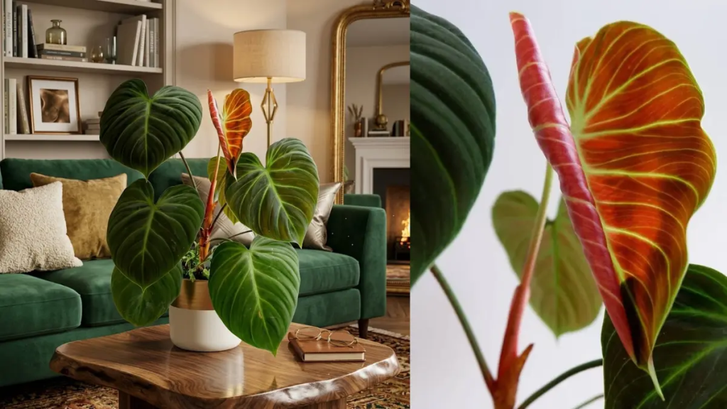 Planta Philodendron 'El Choco Red saldavel numa sal chic demonstando boa humidade com brilho nas folas.