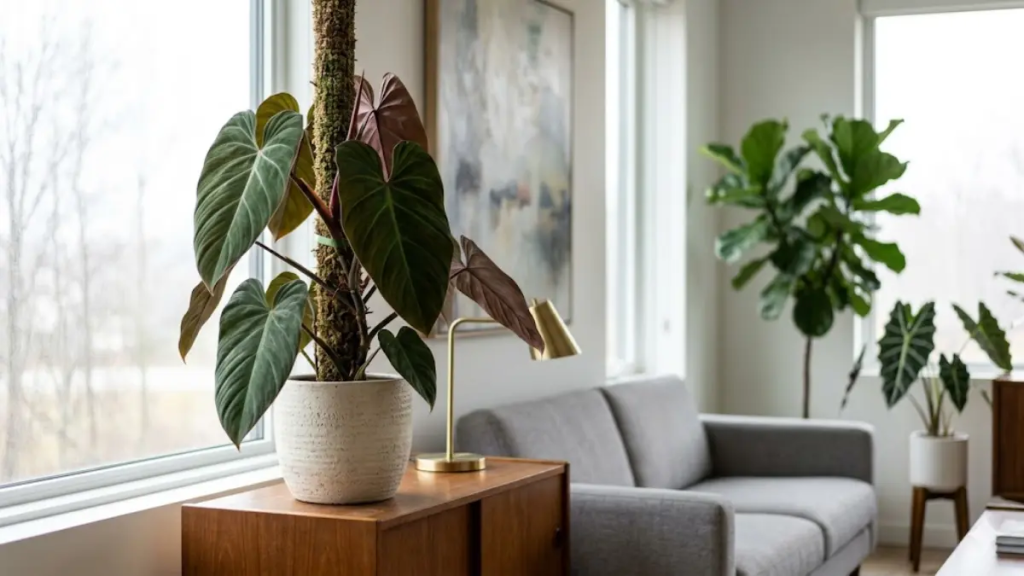 Philodendron 'El Choco Red perto da janela com muita luz enfatiza a coloração.