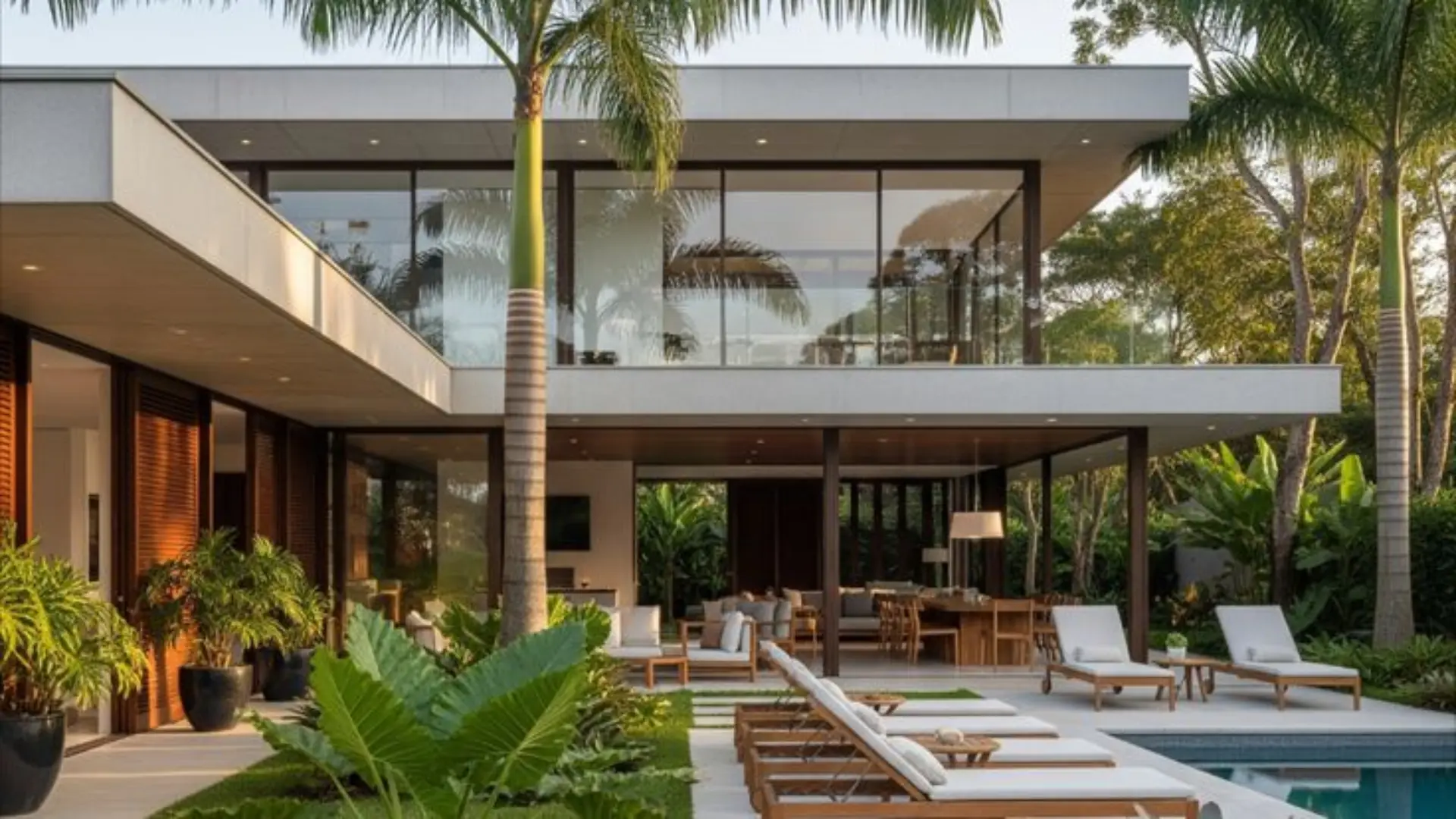 Casa moderna com jardim tropical e lago com pedras