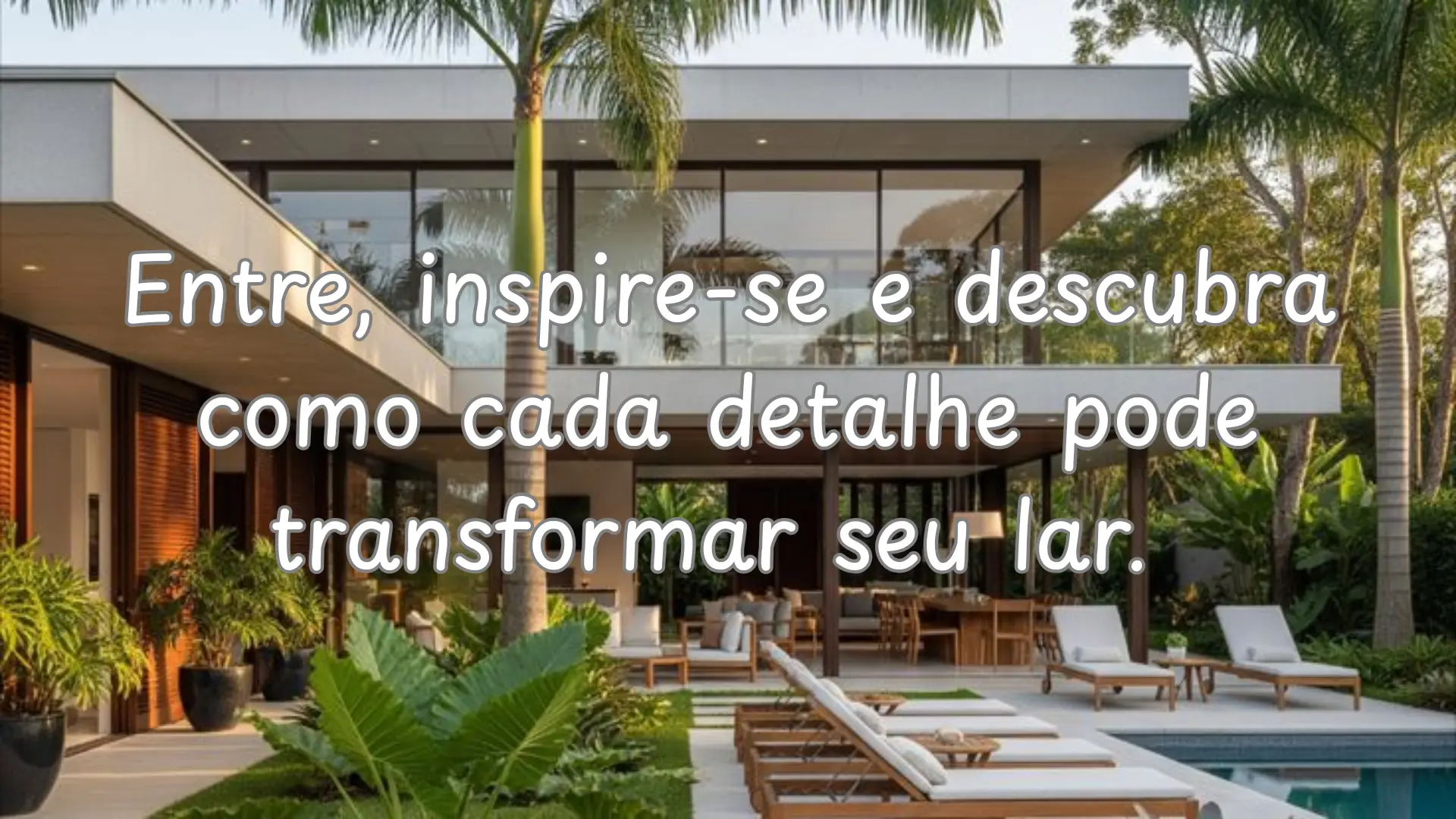 Casa moderna com jardim tropical e lago com pedras