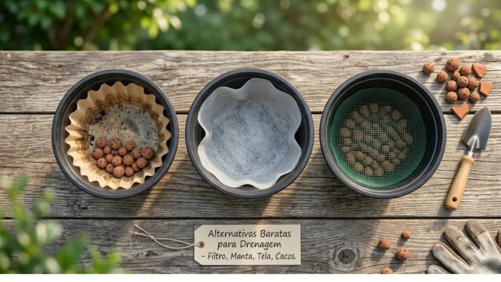 Opções econômicas para drenagem de vasos: filtro de café usado, tecido TNT e tela plástica como substitutos da manta.