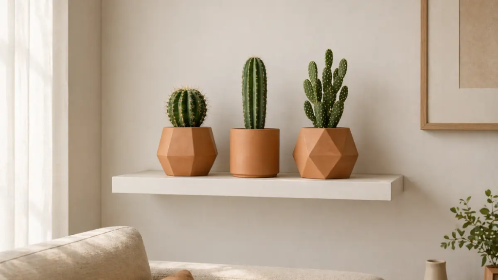 Pequenos cactos em vasos geométricos alinhados em prateleira branca.