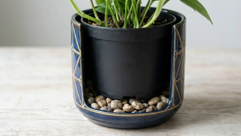 Uma macro fotografia do fundo do cachepô de cerâmica azul (image_0.png), mostrando uma camada de pedras de rio servindo de calço para o vaso de plástico preto (image_1.png), mantendo-o elevado e longe da água residual.