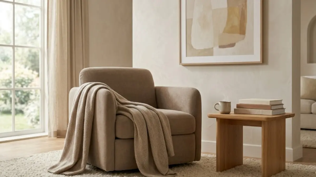 Poltrona arredondada cor taupe com manta de cashmere ao lado de mesa de madeira com livros e chá.