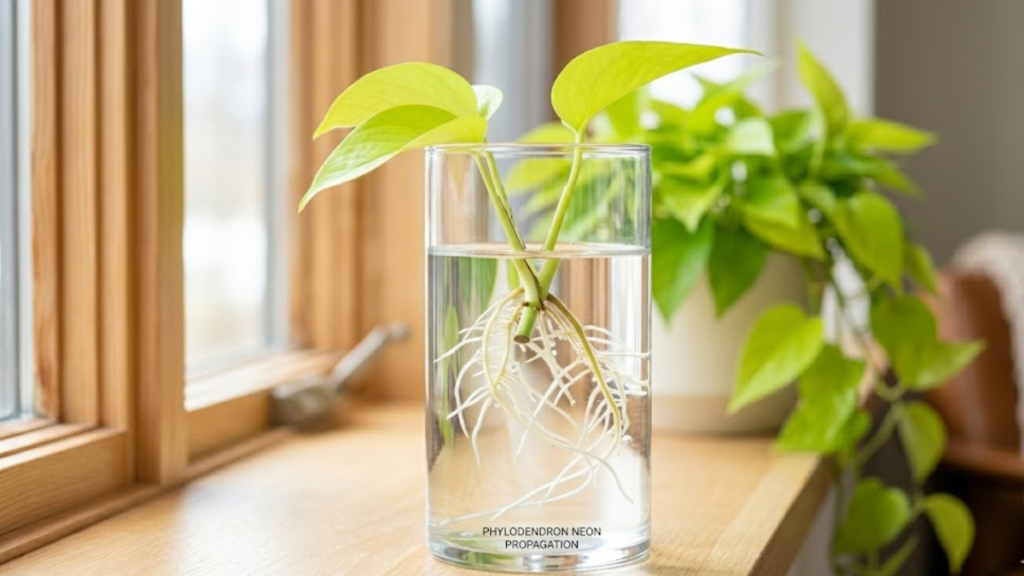 Estaca de Filodendro Neon com raízes brancas crescendo dentro de um copo com água.
