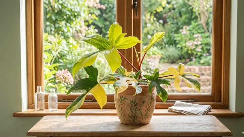 Comparação de folha verde e folha com alta variegação amarela no Philodendron.