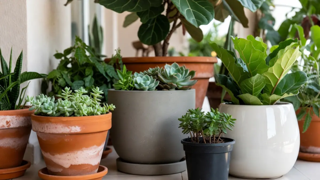 Comparativo de vasos para plantas: barro terracota, cimento cinza, plástico preto e cerâmica vidrada branca em varanda iluminada