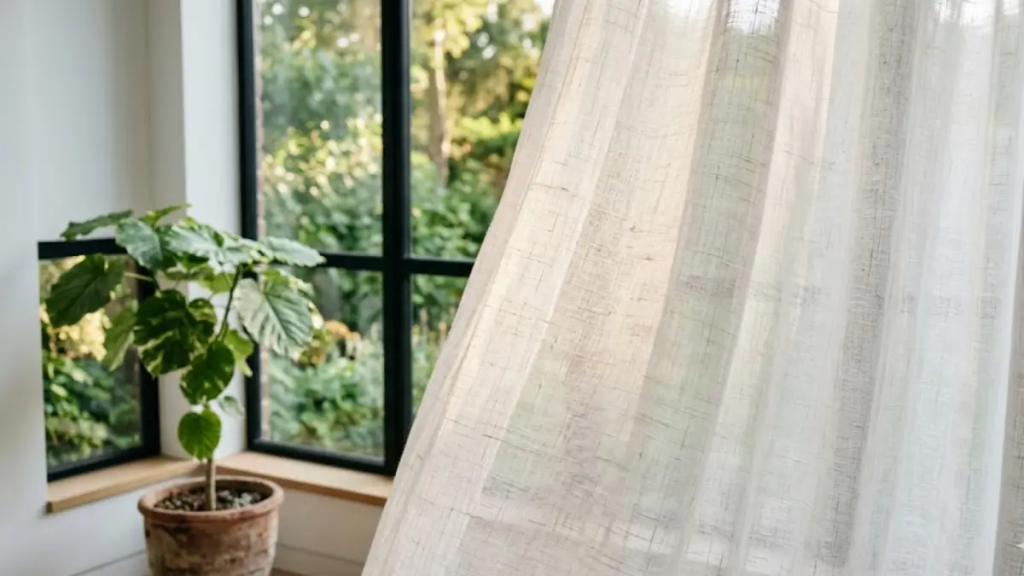 Close-up de cortina de linho branco translúcido com luz solar atravessando a trama, ao lado de uma planta Ficus Umbellata.