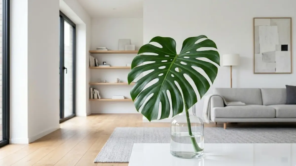 Folha de Costela-de-Adão em vaso de vidro com água sobre mesa branca.