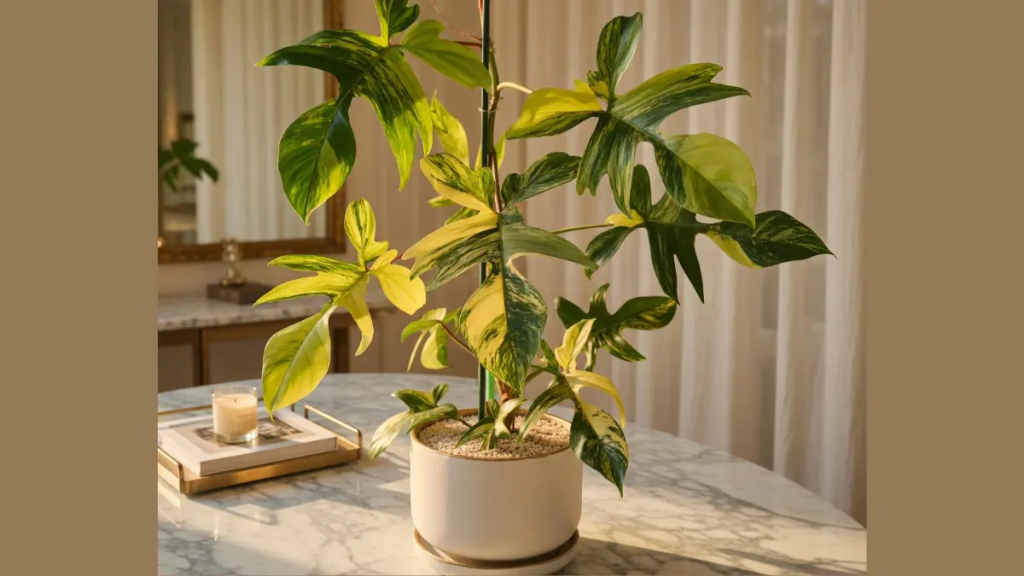 Planta rara Philodendron Florida Beauty em mesa de mármore decorativa.