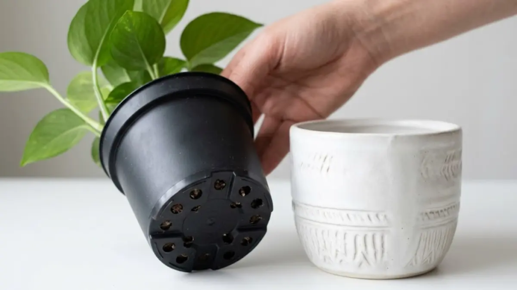 Close-up mostrando um vaso de plástico preto com furos de drenagem à esquerda e um cachepô de cerâmica artesanal totalmente vedado à direita, ilustrando o conceito de vaso duplo.