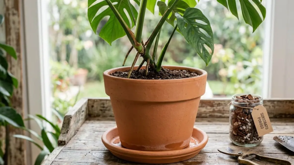 Vaso de cerâmica com planta Monstera deliciosa sobre mesa de madeira, demonstrando o uso de substrato poroso e papel toalha no fundo para drenagem no vaso.