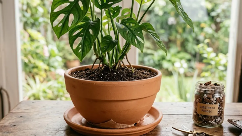 Imagem ilustrativa para o artigo sobre se é realmente necessário fazer drenagem no vaso com pedras. A foto destaca o uso de substratos leves e técnicas modernas de jardinagem sugeridas por agrônomos.