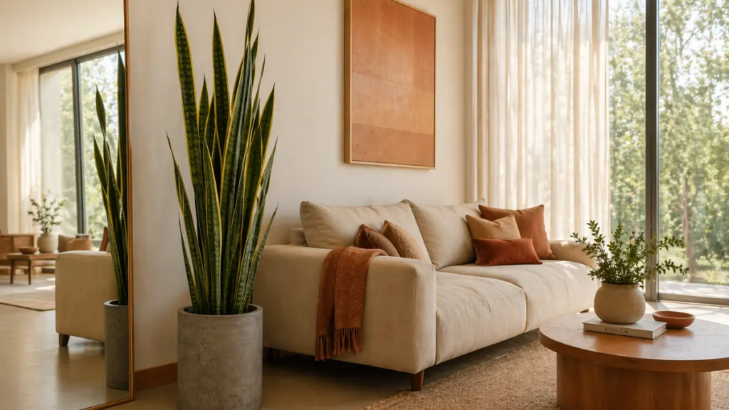 Close em folha vertical de Espada-de-São-Jorge com padrão variegado.