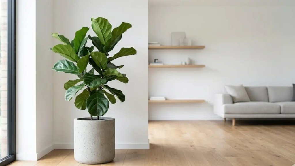 Árvore Ficus Lyrata imponente em vaso cinza no canto de uma sala clara.