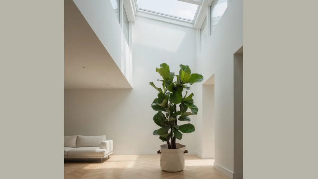 Árvore Ficus Lyrata em ambiente com pé-direito alto evidenciando o impacto visual.