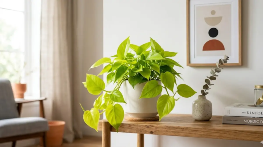 Filodendro Neon em vaso de cerâmica branca sobre prateleira de madeira em sala iluminada.