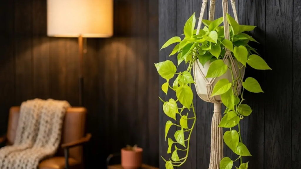 Filodendro Neon pendente em suporte de macramé contra parede de madeira escura.