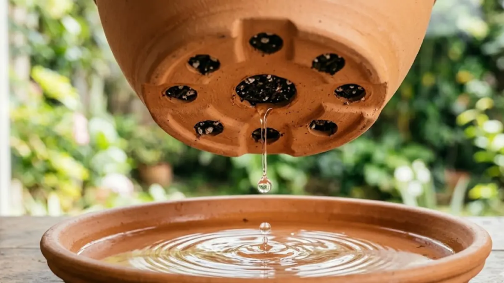 Visão inferior de um vaso de planta mostrando gotas de água limpa escoando pelos furos de drenagem diretamente para um prato de cerâmica.