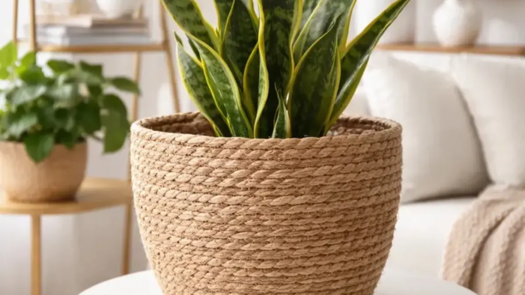 Close-up de um cachepot de palha em um ambiente minimalista aconchegante enfatiza o design.