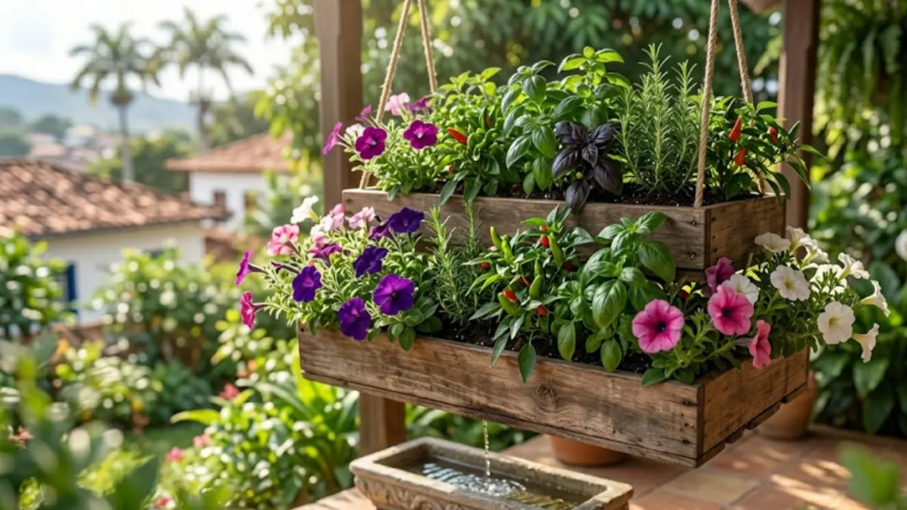 Vasos e jardineiras com plantas exuberantes e flores coloridas em uma varanda ensolarada com drenagem perfeita.
