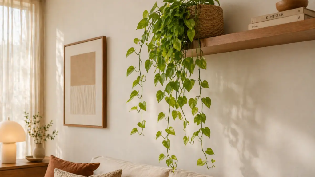Planta Jiboia pendente em estante de madeira com fundo branco.