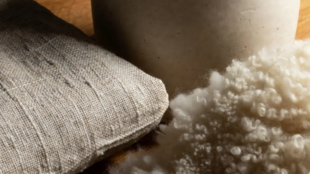 Close-up extremo mostrando a trama do linho, lã de ovelha encaracolada e madeira de carvalho.