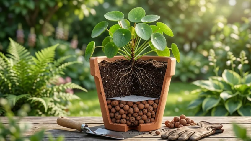 Manta de drenagem: é obrigatória? Corte transversal de vaso mostrando argila expandida, manta geotêxtil e terra.