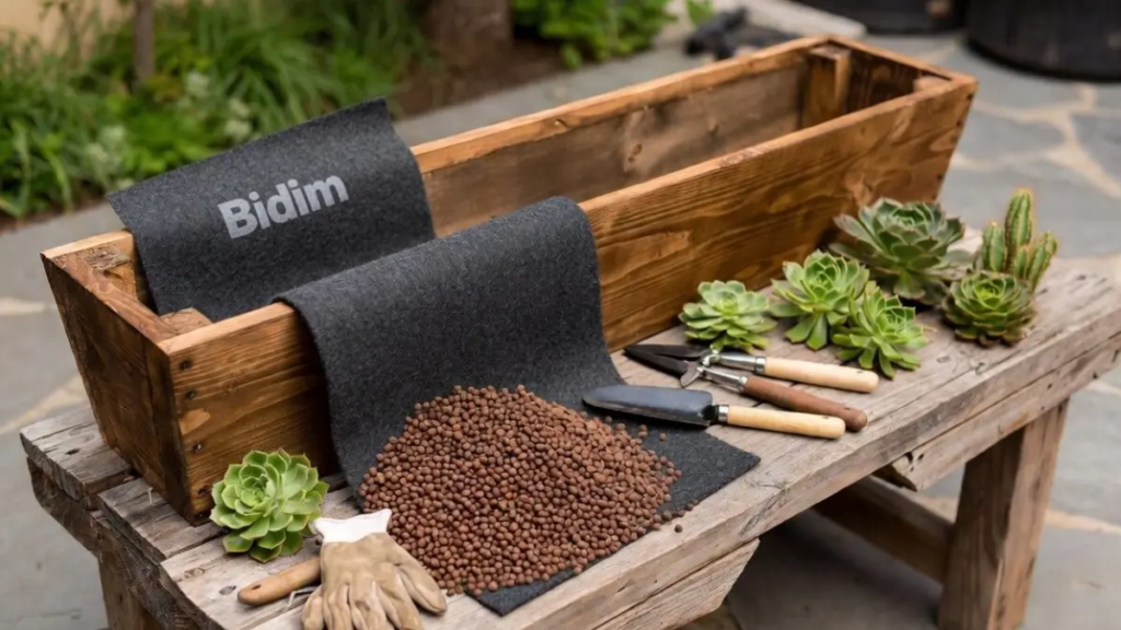 Mesa de madeira rústica com vaso jardineira de madeira, manta Bidim cinza para drenagem, argila expandida marrom, luvas, ferramentas de jardinagem e suculentas prontas para o plantio.