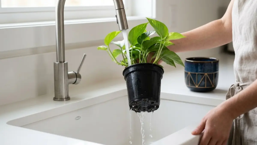Close-up fotorrealista mostrando mãos regando uma planta jiboia em um vaso de plástico preto sobre uma pia de cozinha branca, com água escorrendo livremente pelos furos de drenagem, enquanto o cachepô azul decorativo  espera vazio e seco.