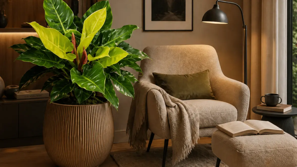 Ambiente acolhedor com poltrona de leitura e uma planta escultural ao lado.