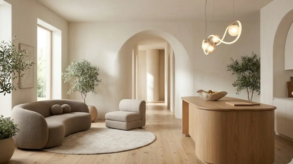 Ambiente integrado de um apartamento moderno com planta aberta e design fluido, mostrando a transição suave e o fluxo visual entre os espaços.