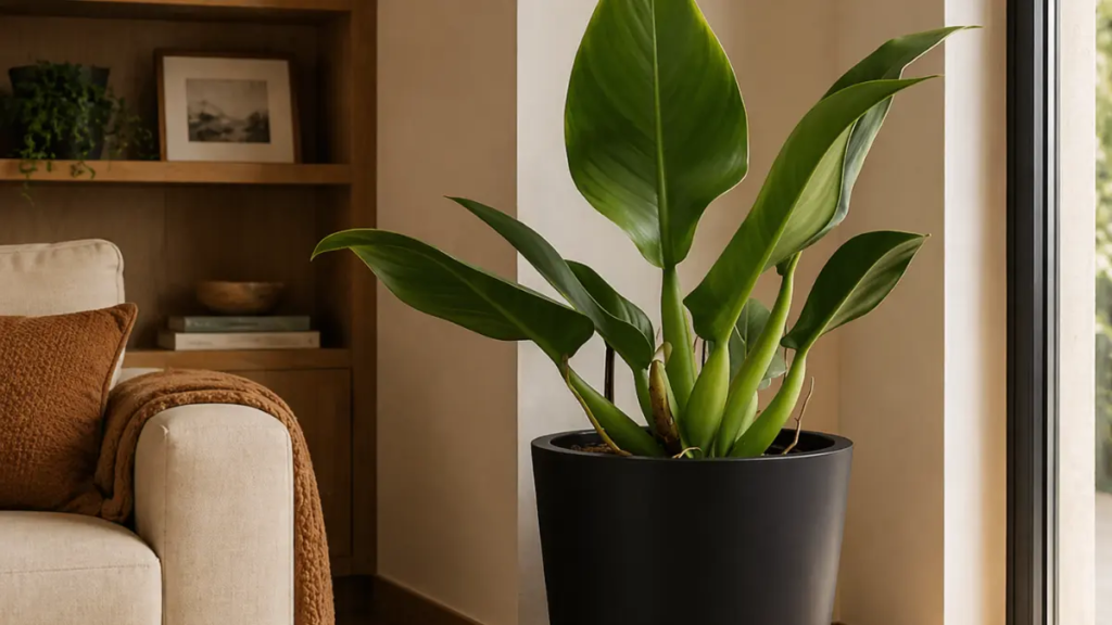 Planta Pacová com folhas largas e brilhantes em vaso preto fosco.