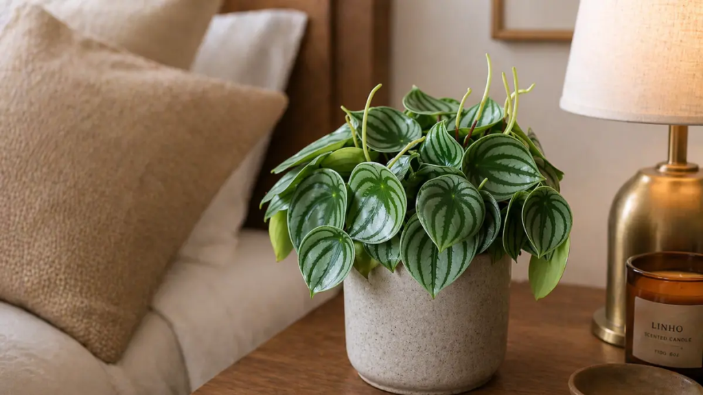 Pequena Peperômia com folhas arredondadas em vaso artesanal cinza.