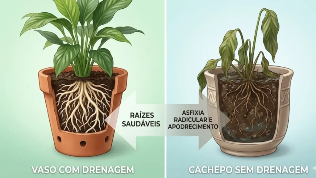 Uma ilustração comparativa mostrando à esquerda raízes brancas e saudáveis em um vaso com drenagem, e à direita raízes escuras e apodrecidas em um cachepô vedado sem drenagem, rotulada "asfixia radicular e apodrecimento".
