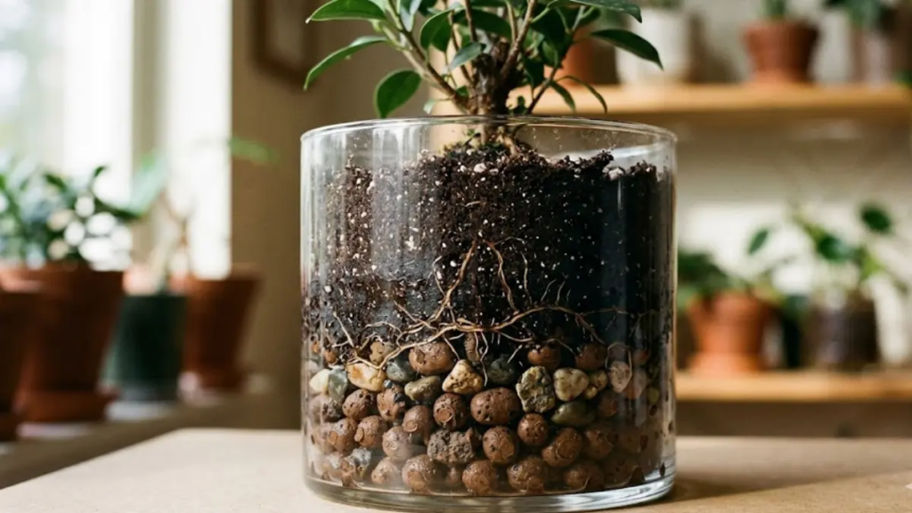 Corte transversal de um vaso de vidro demonstrando a tabela de água suspensa. O solo está visivelmente saturado acima de uma camada de pedras e argila expandida, restringindo o desenvolvimento das raízes.