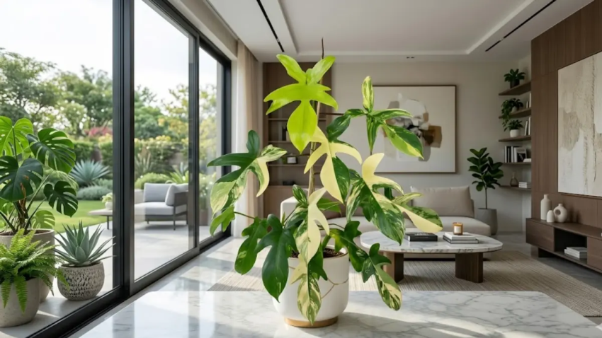 Philodendron Florida Beauty em cachepô branco e dourado em sala de estar iluminada.