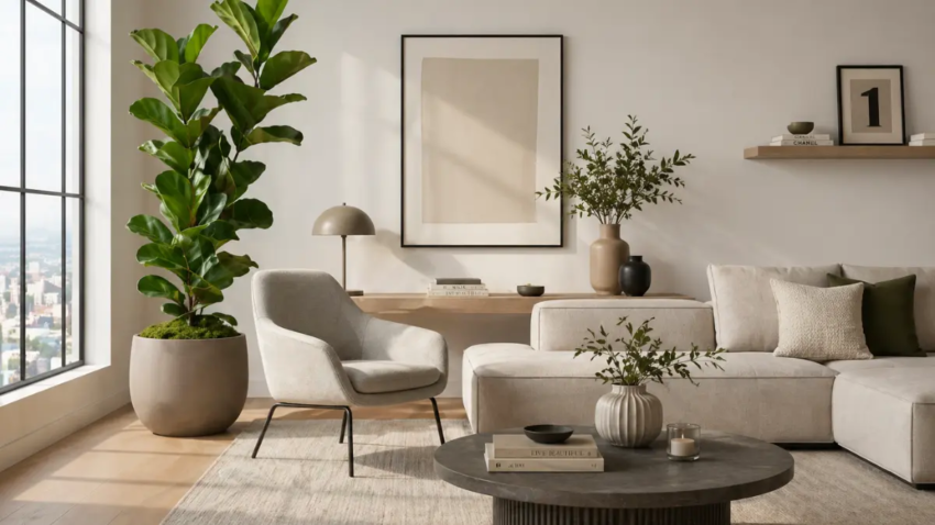 Sala de estar com planta escultural em vaso minimalista para decoração de alto impacto