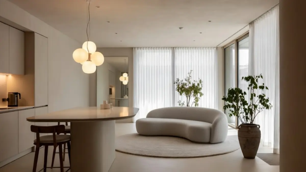 Sala de estar moderna com sofá curvo bouclé, aparador de madeira, espelho orgânico e planta perto da janela