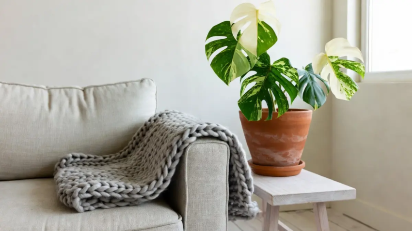 Interior de sala de estar minimalista com sofá de linho bege, manta cinza e planta Monstera Variegata em vaso de terracota sobre banco de madeira.