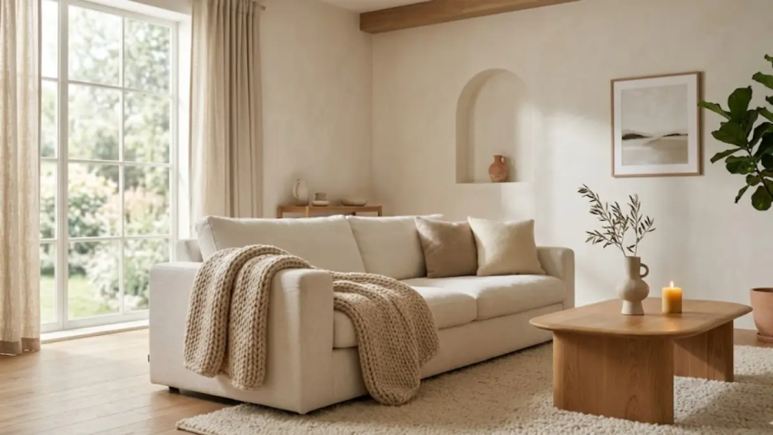 Sofá de linho off-white com manta de lã merino e mesa de centro de carvalho em uma sala iluminada.