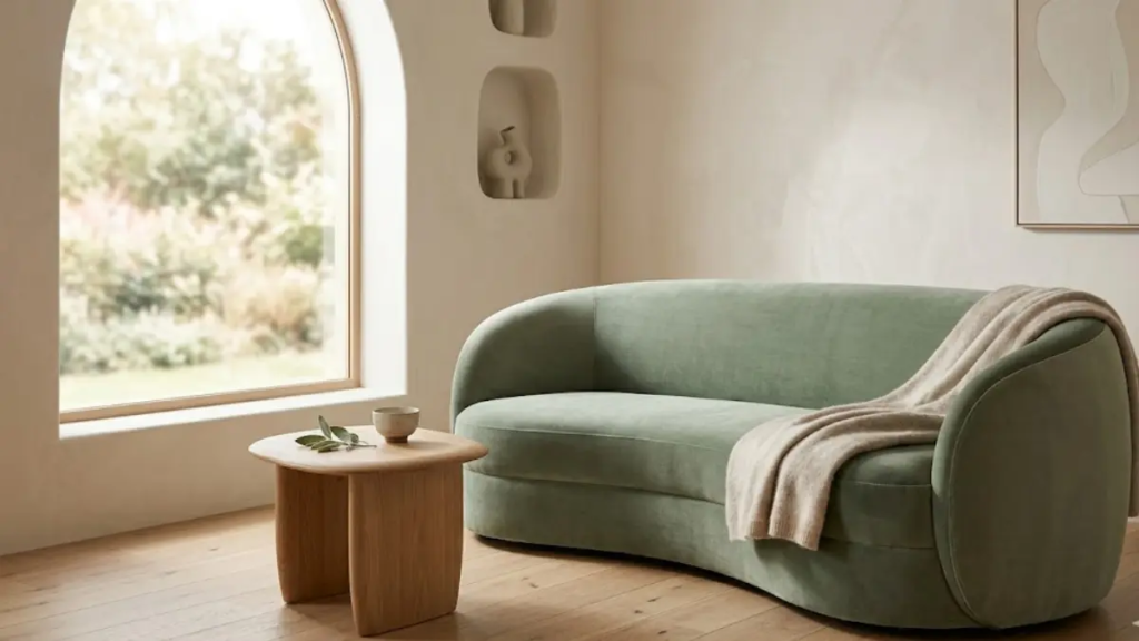Sofá curvo em forma de rim estofado em veludo verde-sálvia, em um canto acolhedor de uma sala de estar moderna e serena.